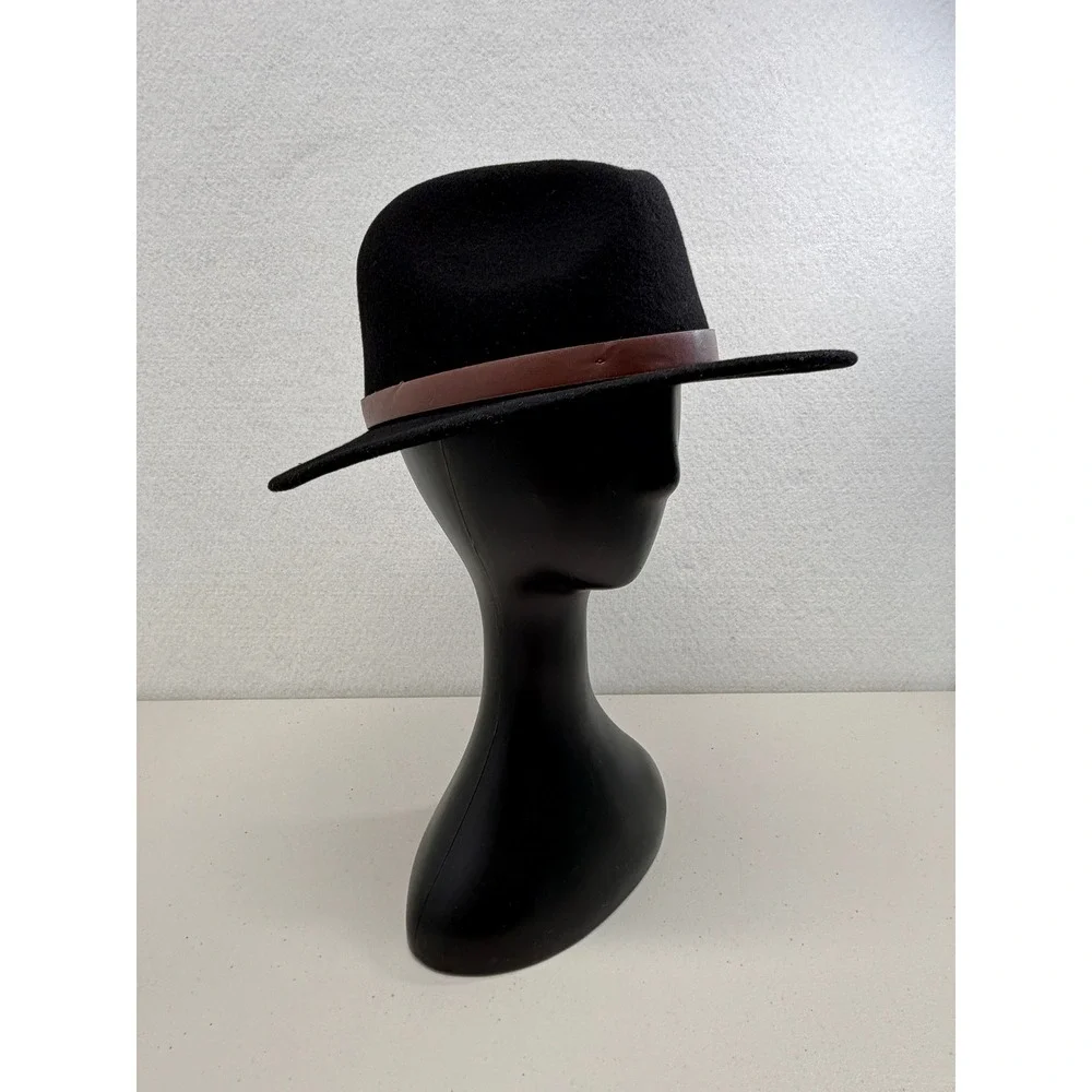 Brixton Messer Black Wool Felt Fedora Hat Brown Faux Leather Band Size S 56cm